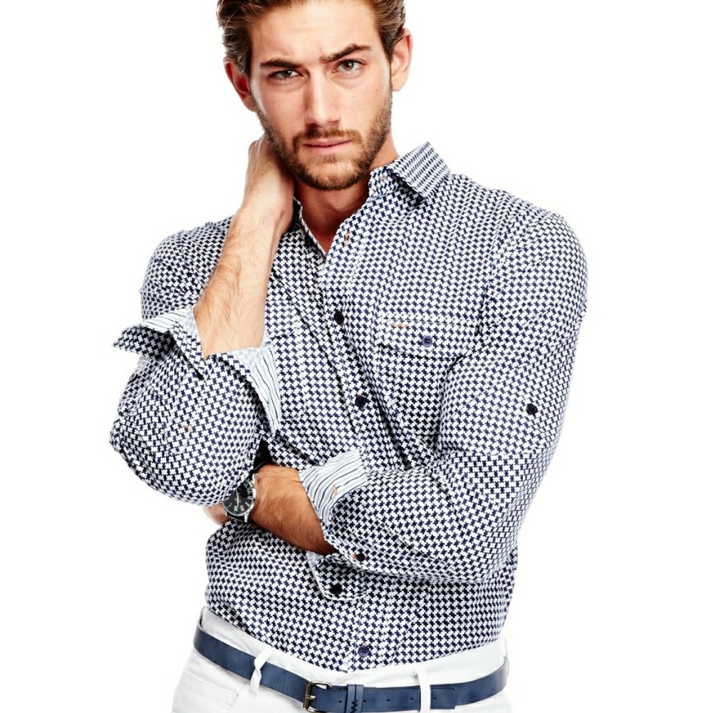 Men's Casual Slim Fit Grey Tile Block Print Button - Picture 1 of 6