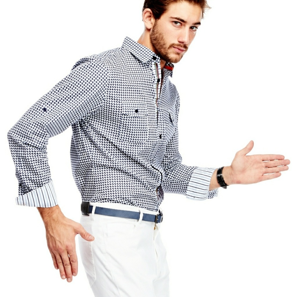 Men's Casual Slim Fit Grey Tile Block Print Button - Picture 3 of 6
