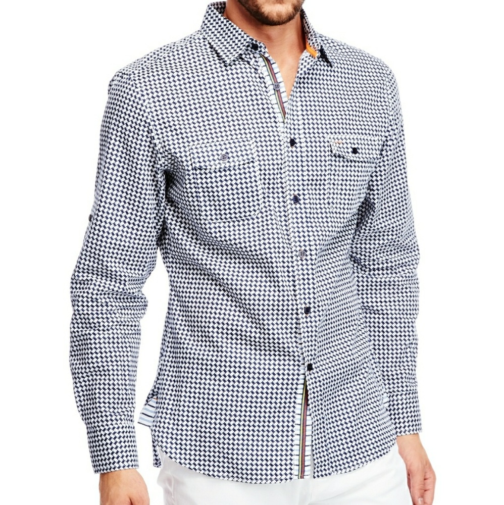 Men's Casual Slim Fit Grey Tile Block Print Button - Picture 4 of 6