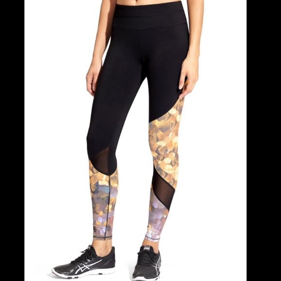 Athleta Pants - Athleta Asym Mesh Sonar Tight Black Gold Silver
