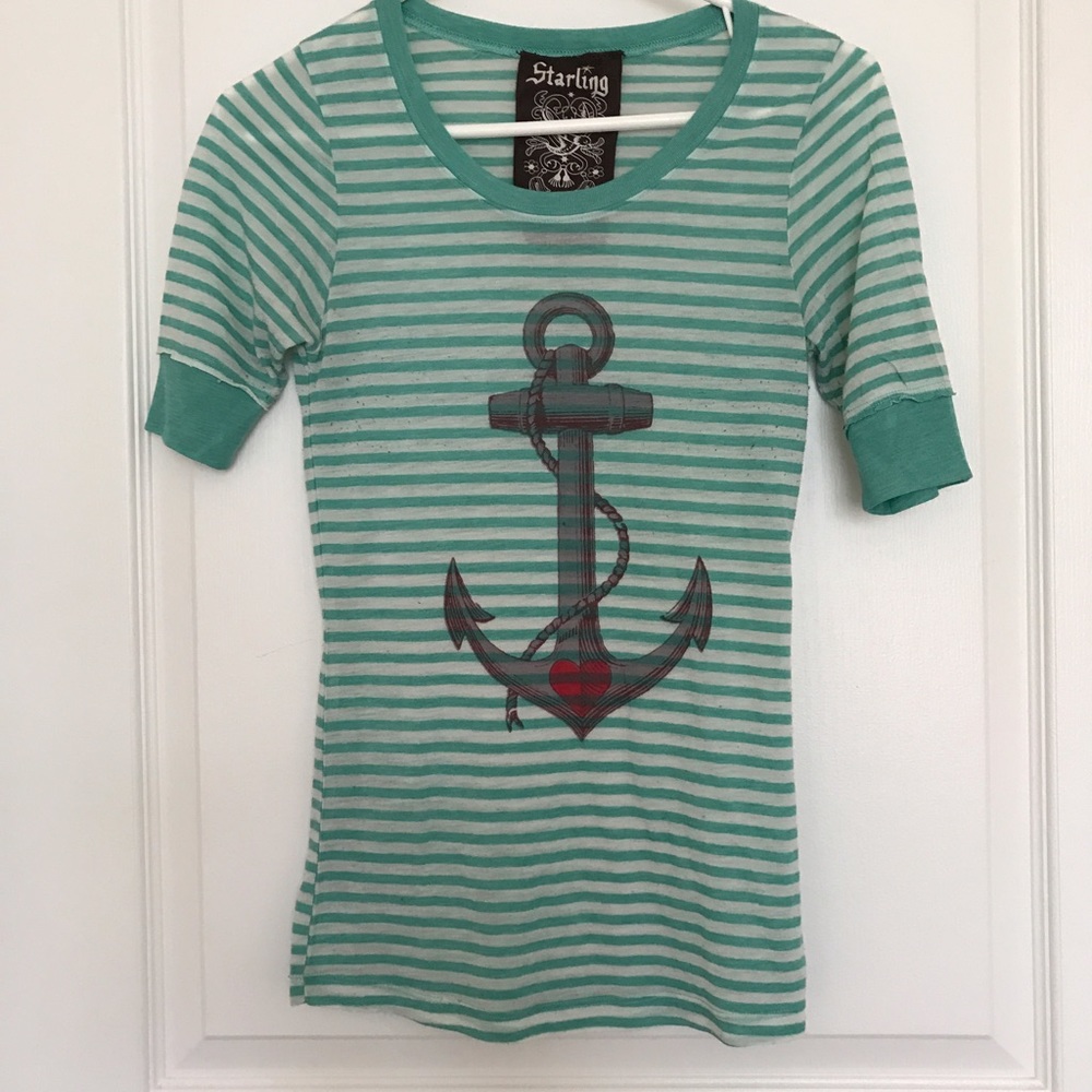 Starling Anchor Heart Mint Striped Top (sz S)
