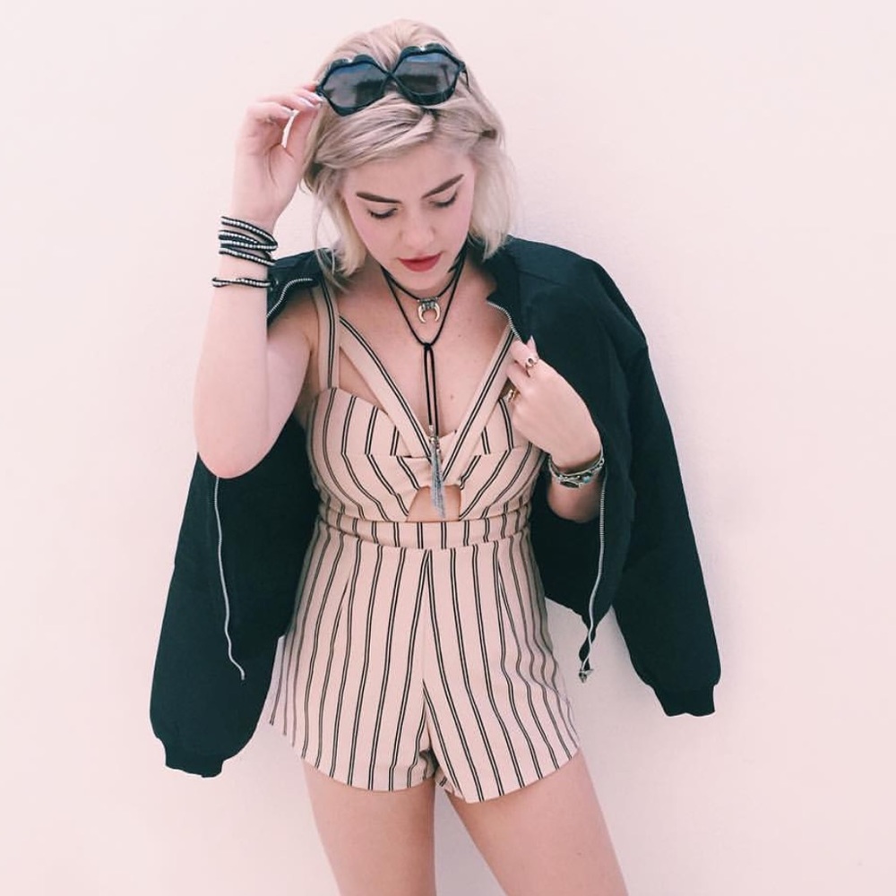 BNWT peach and black striped romper