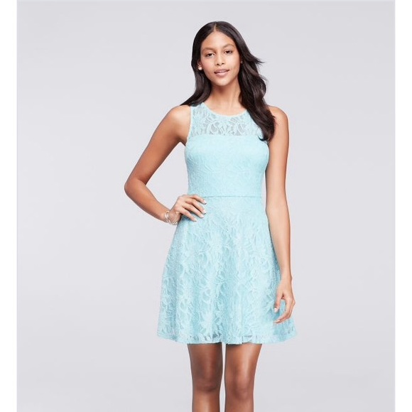 Aqua blue lace cocktail dress. - Picture 1 of 8