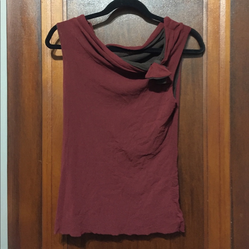 Burgundy and brown drape beck top with tie detail