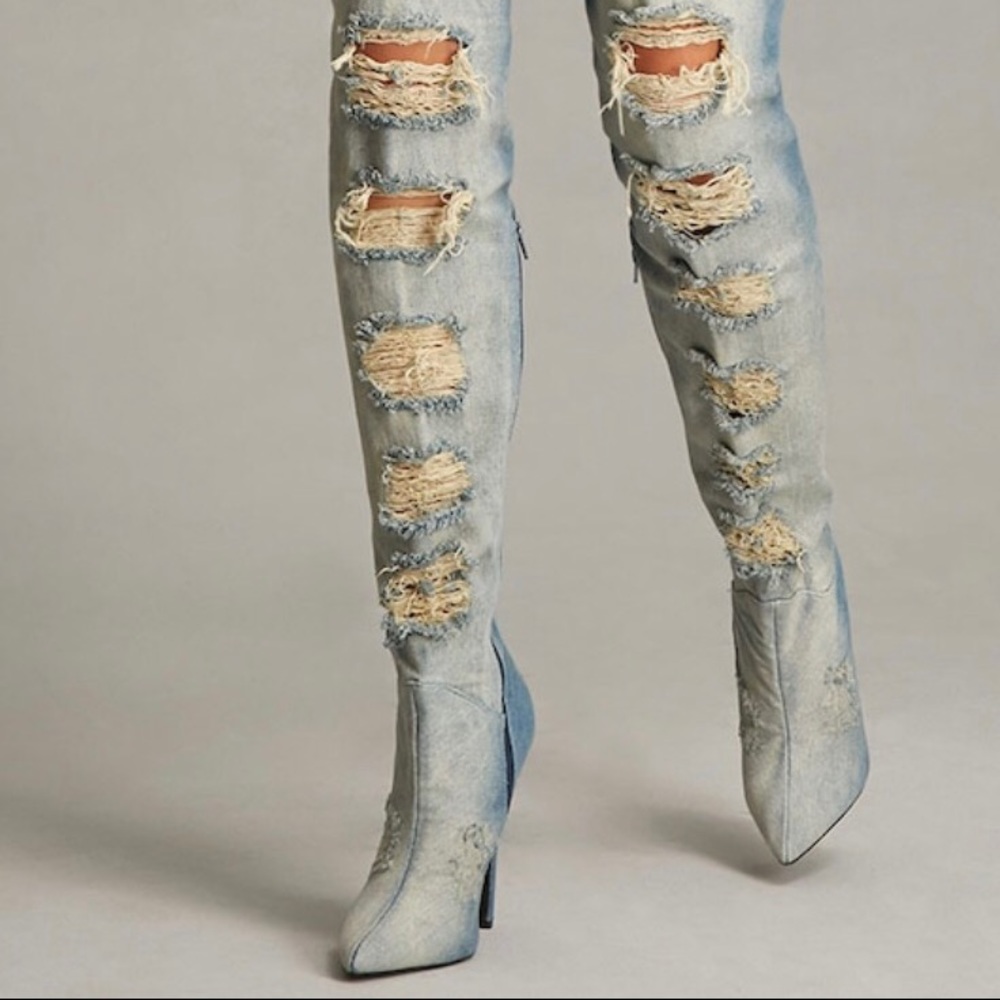 Knee high denim boots