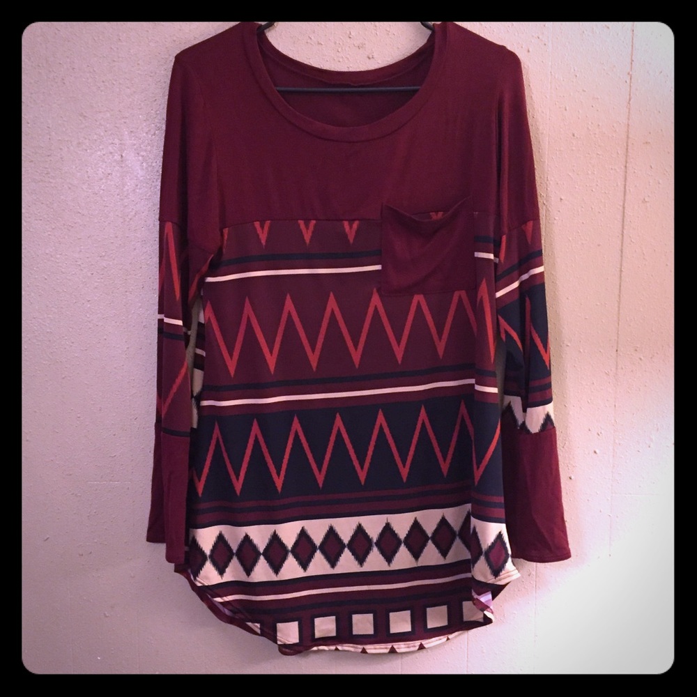 Maroon Tribal Pattern Long Sleeve Shirt