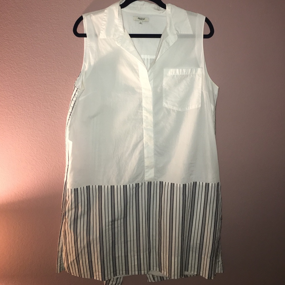 White and navy button-down dress