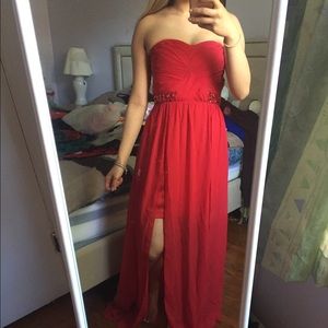 Red strapless Slit formal dress