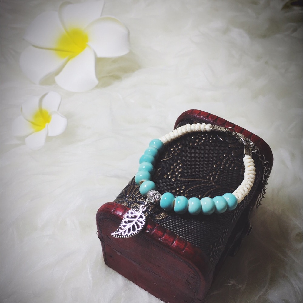 Handmade Ceramic Bead with Leaf Braided Bracelet