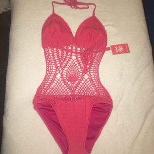 Coral crochet-style swimsuit