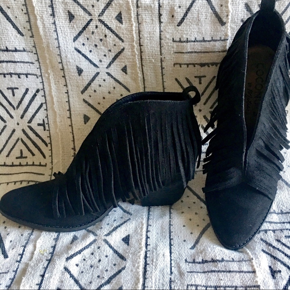 Black fringe booties open down the front