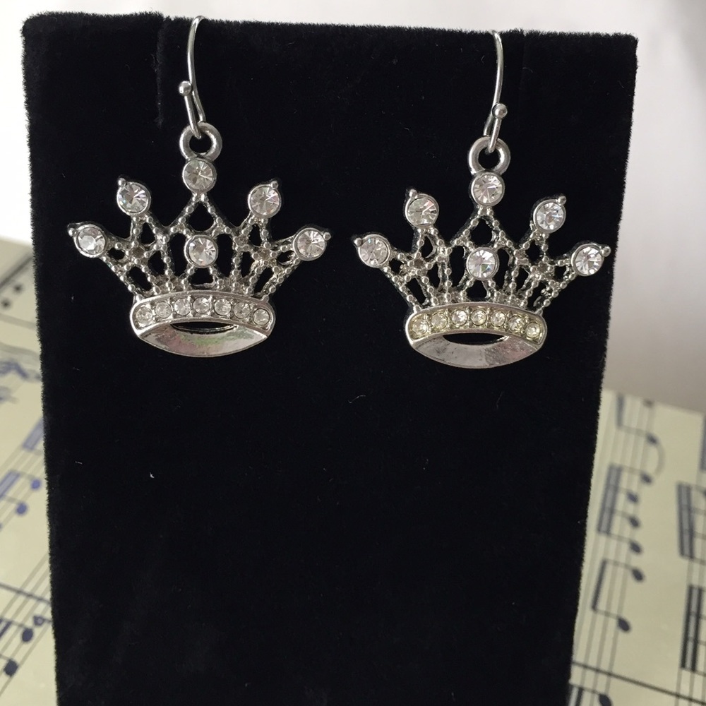 Silver Rhinestone Pierced Crown Earrings