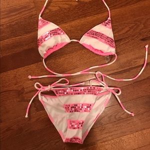 Victoria Secret pink and white sequin bikini xs