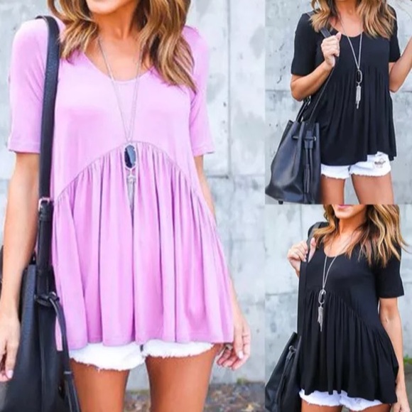 Flowy Fit Short Sleeve Solid TOP Lilac Black NEW - Picture 2 of 2