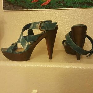 Teal and brown wrap around platform heels