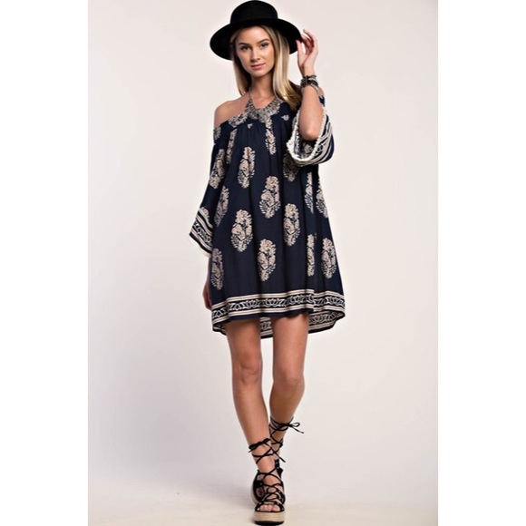 Boho Navy Off Shoulder Dress - Picture 3 of 7
