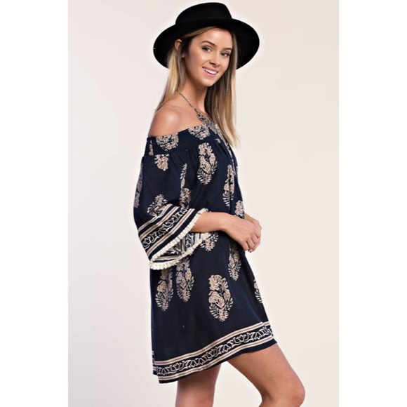 Boho Navy Off Shoulder Dress - Picture 2 of 7