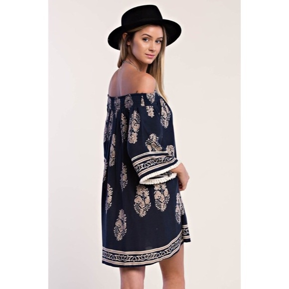 Boho Navy Off Shoulder Dress - Picture 4 of 7