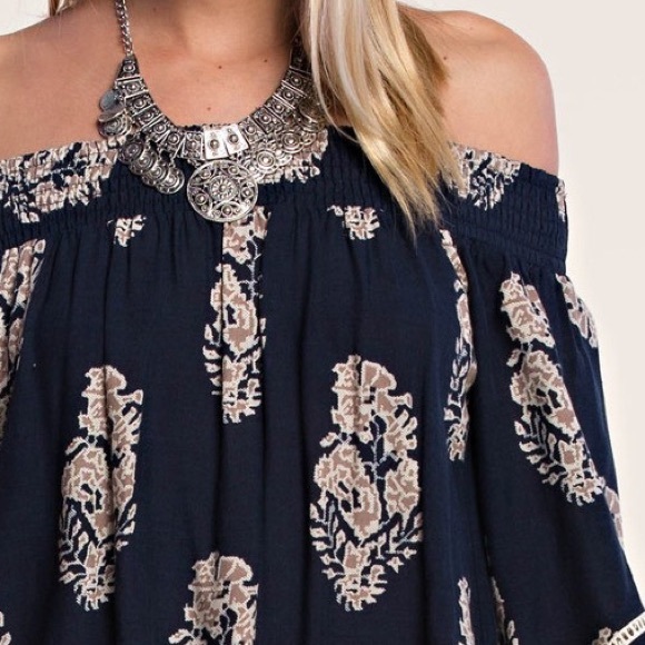 Boho Navy Off Shoulder Dress - Picture 6 of 7