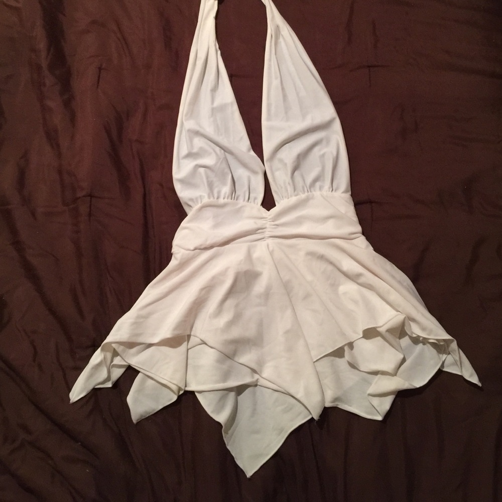 White deep plunge halter super short sexy dress