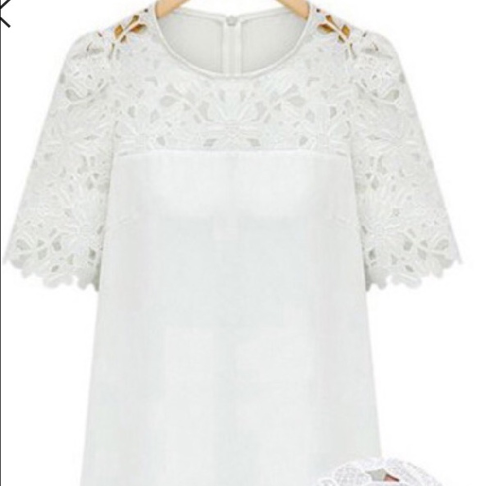 White short sleeve hollow lace blouse
