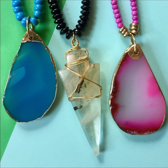 Blue & white avail.✨Beaded/Agate/Quartz Pendants✨ - Picture 2 of 5