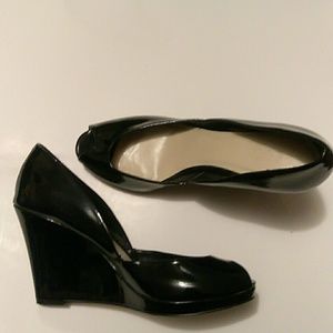 Gorgeous Black Patent Leather Peeptoe Wedges