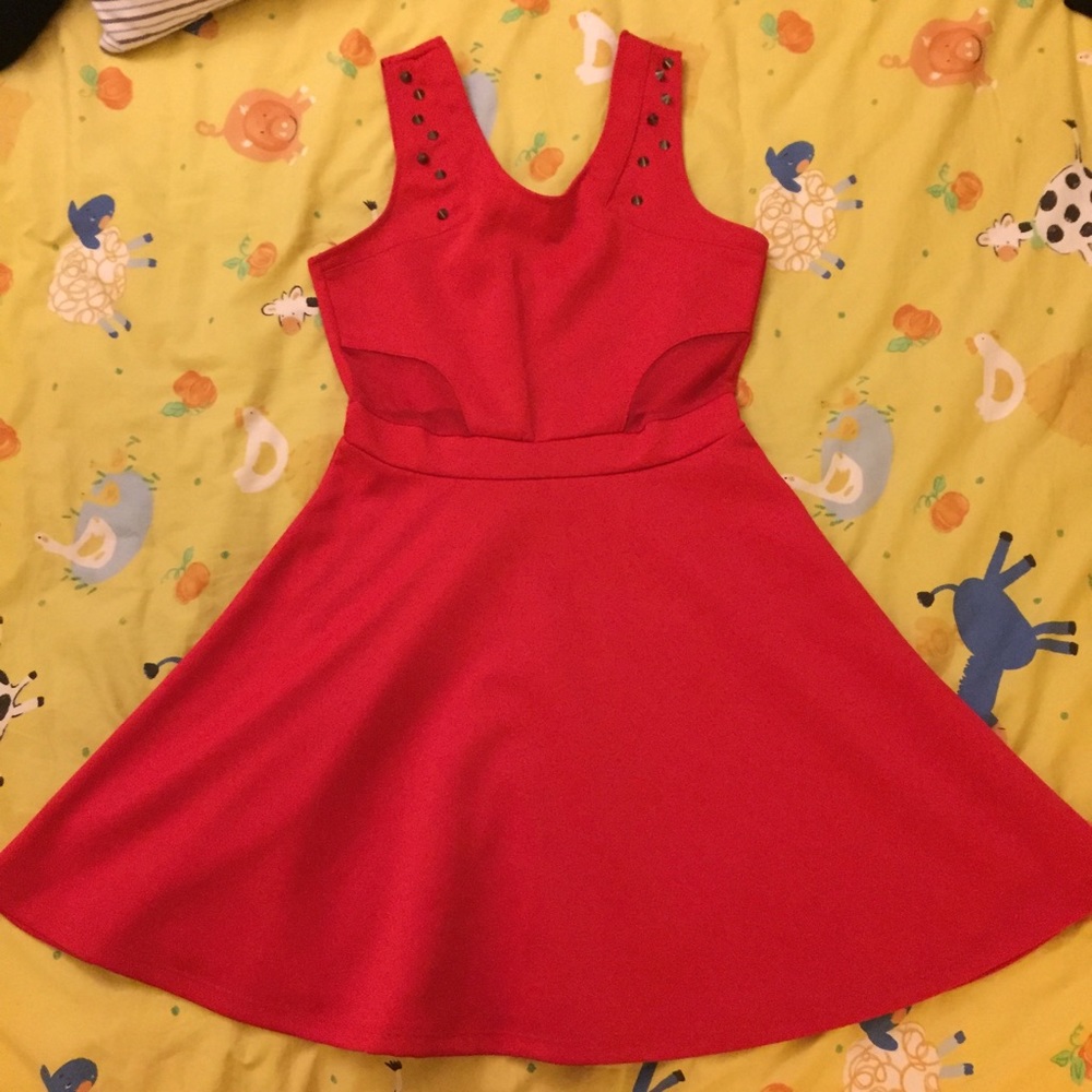 Red skater dress with mesh and rivets