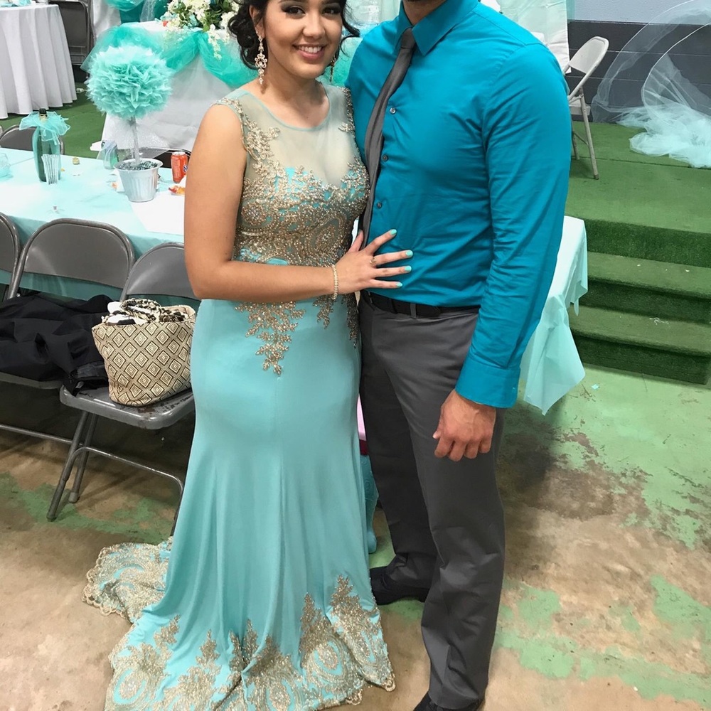 Aqua and Gold prom/pageant gown
