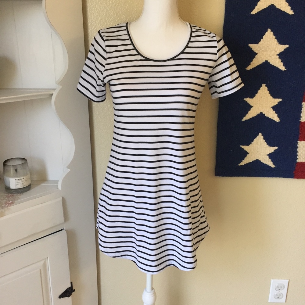 White and Black Striped Mini Tee Shirt Dress