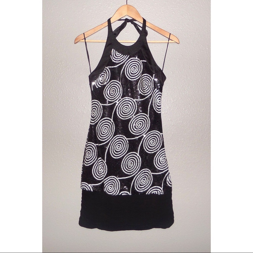 Cache Halter Neck Sequin Cocktail Dress