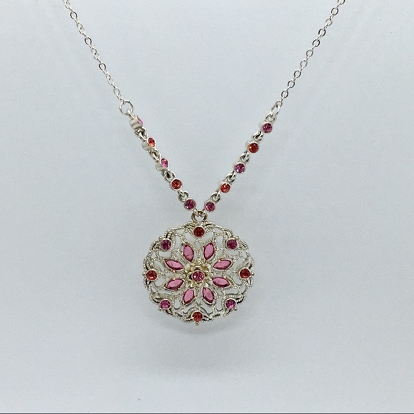 Pink & Magenta Rhinestone Floral Necklace (19") - Picture 2 of 3