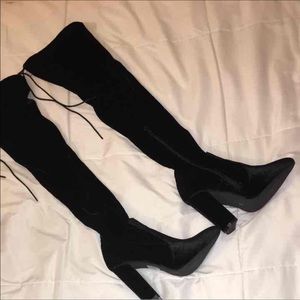 Thigh high black velvet boots
