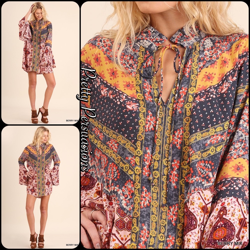 NWT Printed Bell Sleeve Boho Festival Dress - Picture 5 of 8