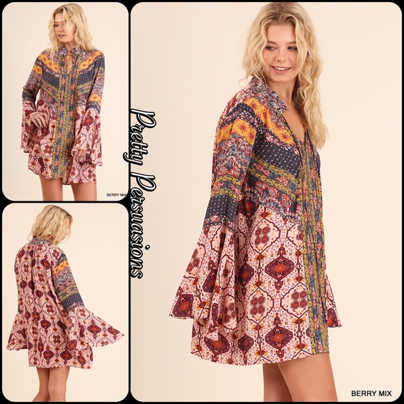 NWT Printed Bell Sleeve Boho Festival Dress - Picture 3 of 8