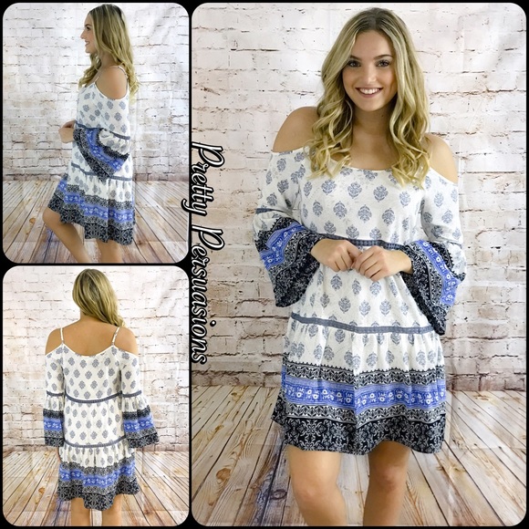 Pretty Persuasions Dresses & Skirts - SALE‼️Cold Shoulder Bell Sleeve Border Print Dress