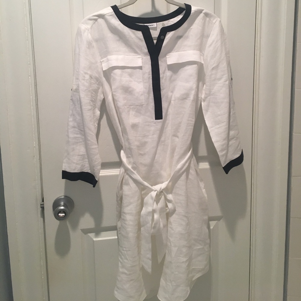 DKNY navy and white linen shirt dress