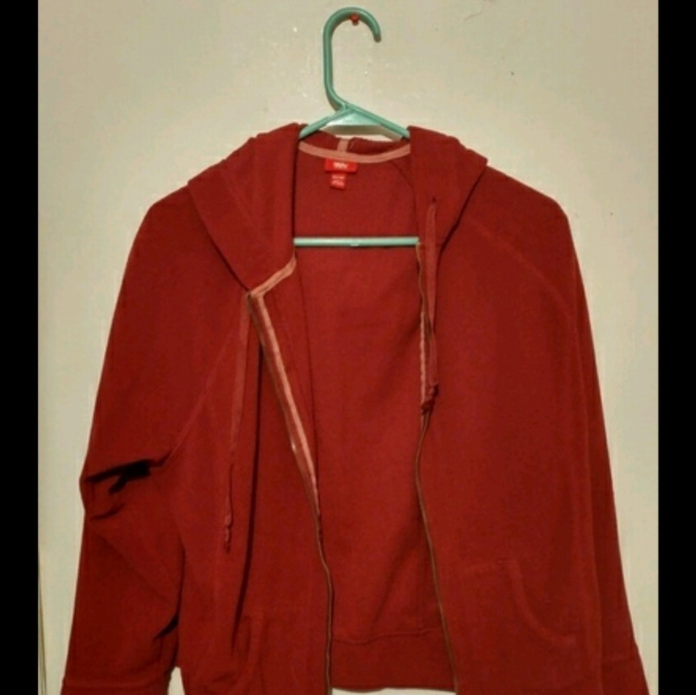 Red fleece zip up hooded sweatshirt