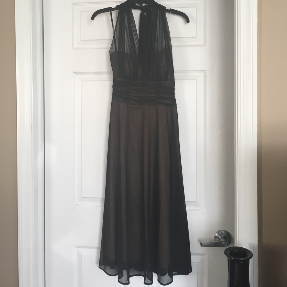 Black sheer and tan dress, halter