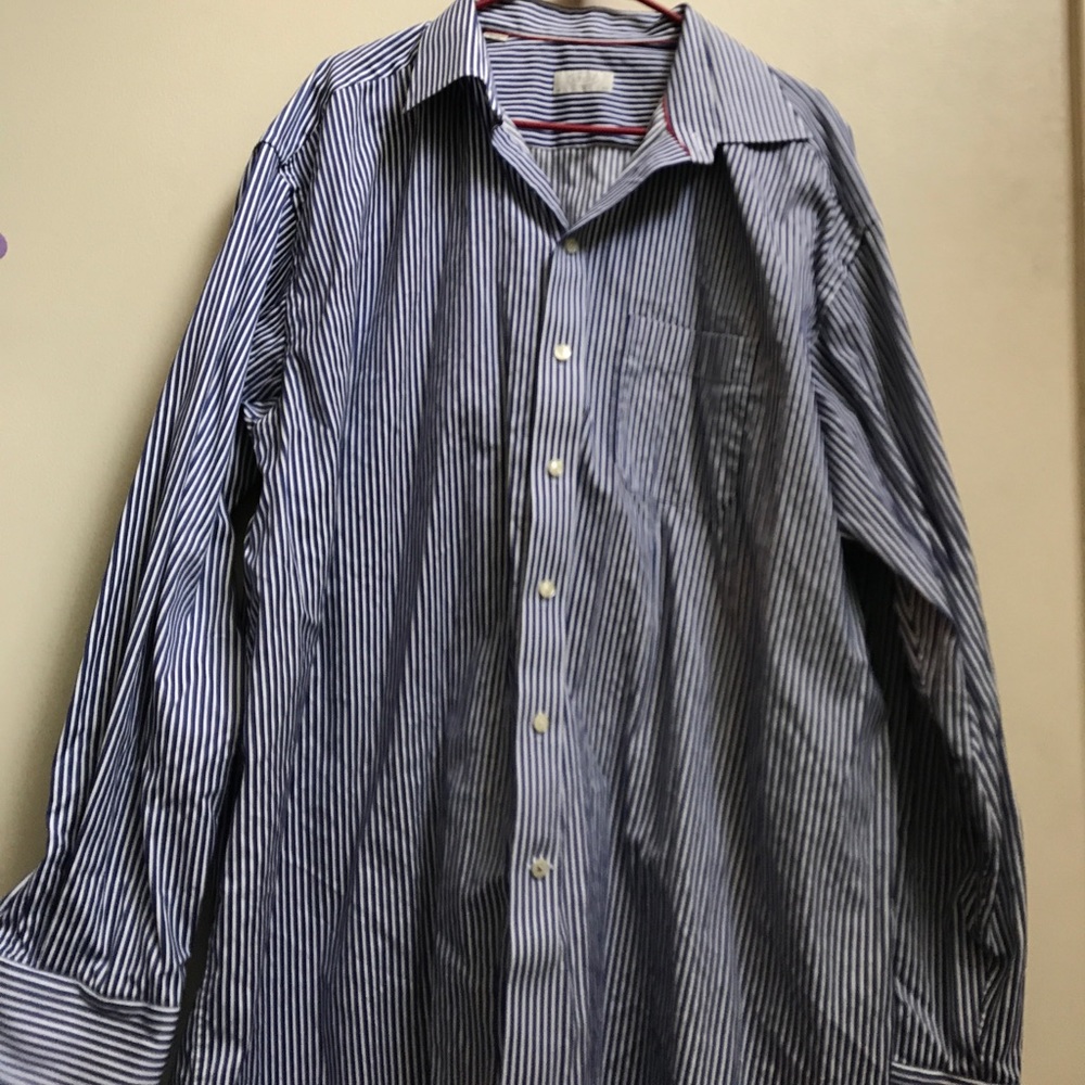 Blue and white striped button down polo