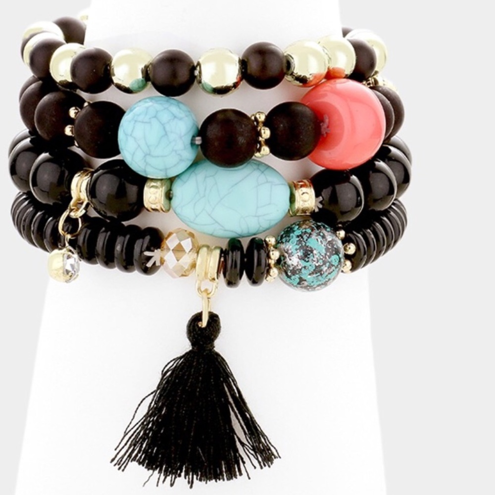 Tassel charm beaded stretch bracelets