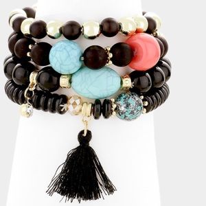 Tassel charm beaded stretch bracelets