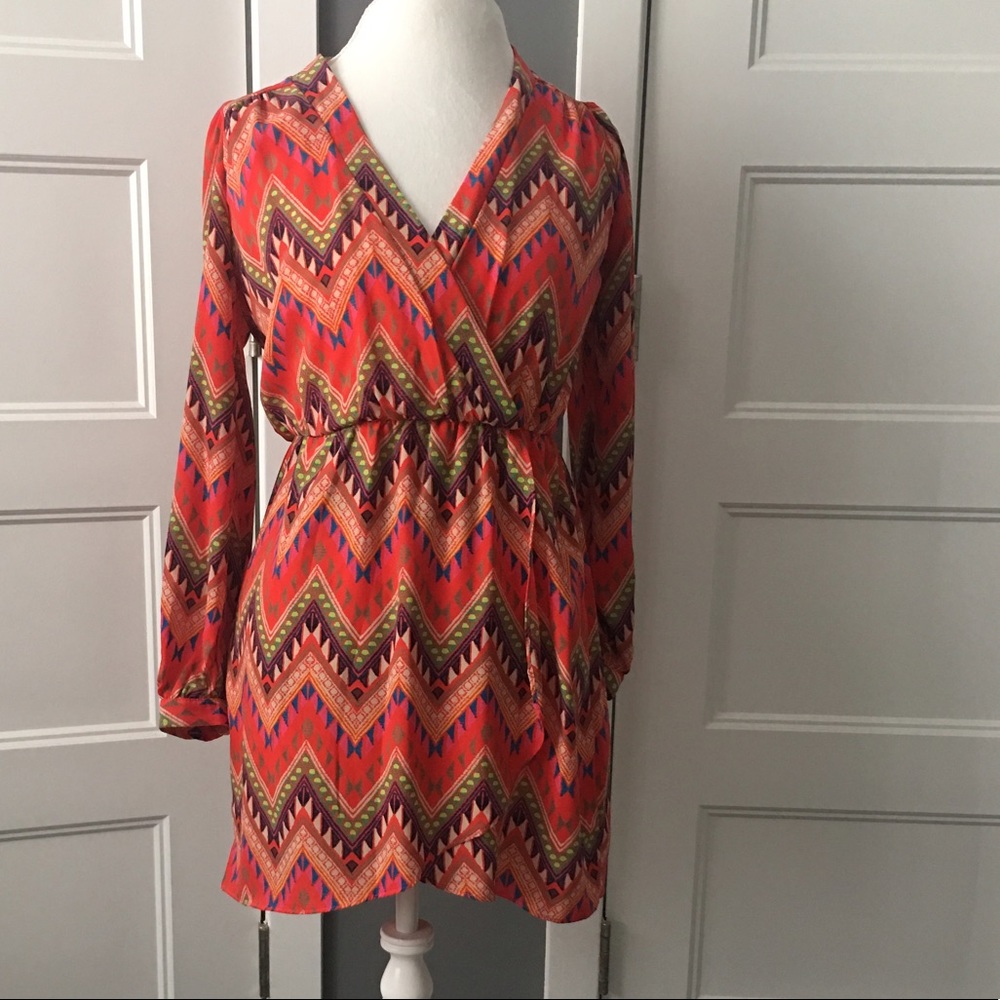 Multicolored V-Neck Faux Wrap Dress (Small)