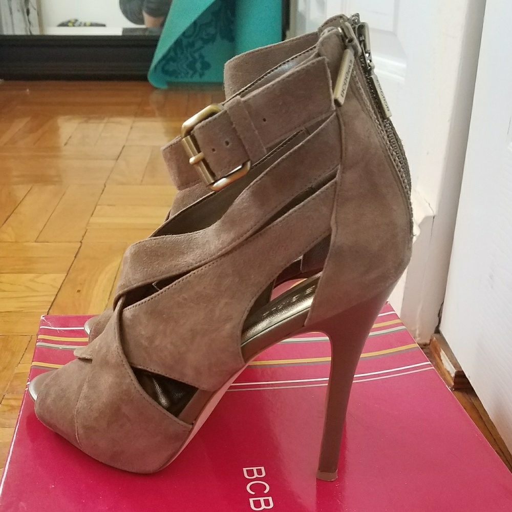 Open toe suede booty pump by Bebe