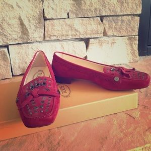 Tods Bordeaux Suede Studded Loafers size 5