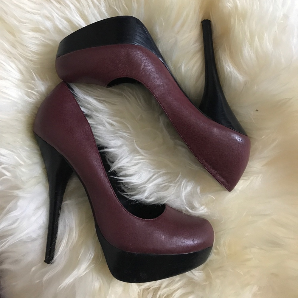 Burgundy leather wedge pumps