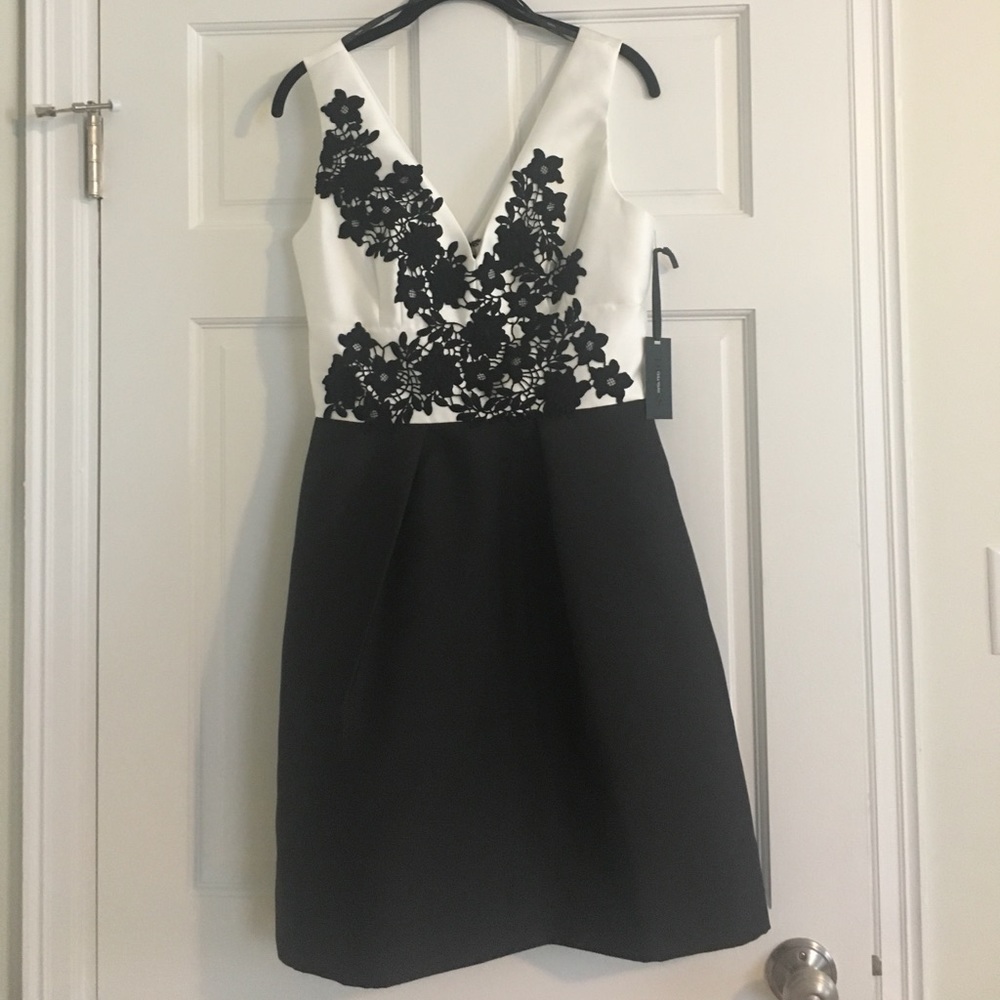 VERA WANG Plunging V-Neck Lace Black White Dress