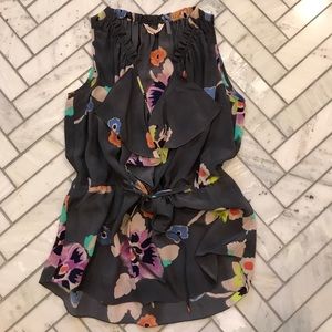 100% silk ruffle cinch waist sleeveless top