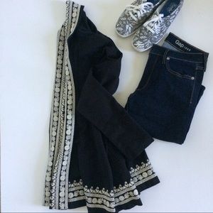 Lucky Brand Black Embroidered Open Cardigan