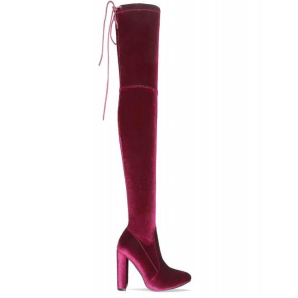 Simmi London thigh high boots in wine velvet